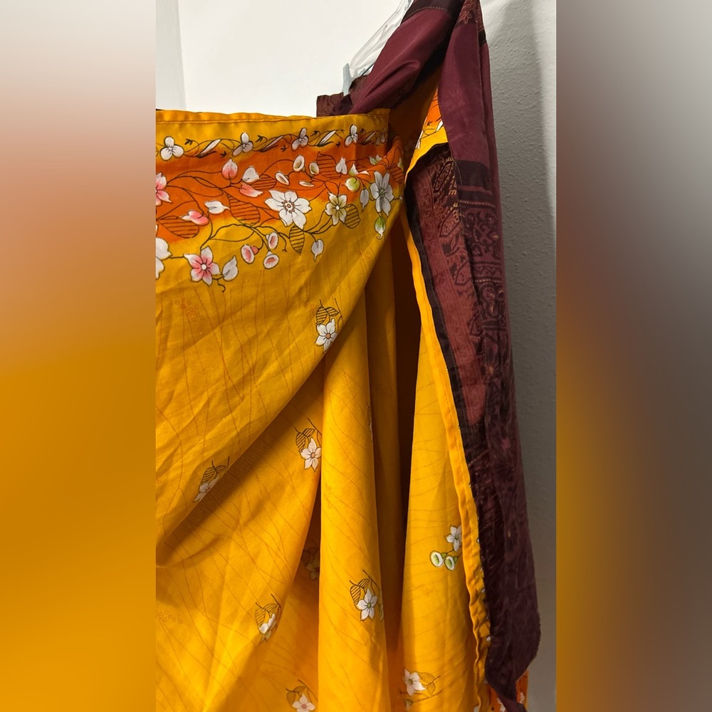 Two-Tone Asymmetrical Wrap Skirt in Burgundy and Mustard Floral - Picture 4 of 8